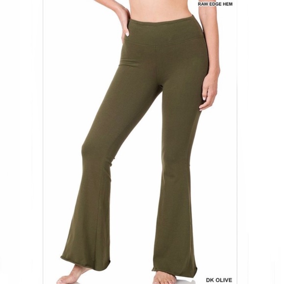 Penna&Pine Pants - Olive Green High Waist Flared Raw Hem Yoga Pants